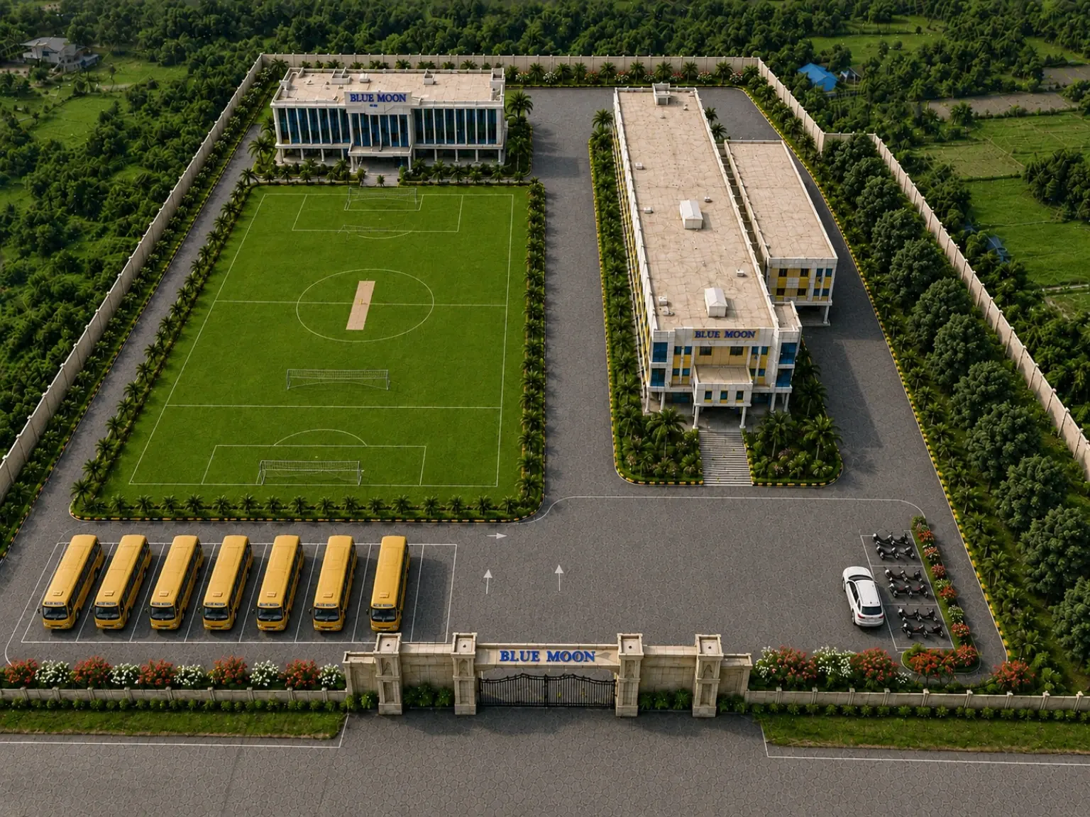 Blue Moon campus aerial view showing school, junior college and degree college pathway
