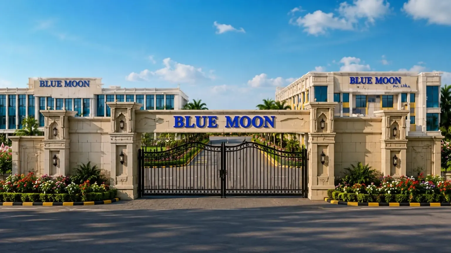 Blue Moon main gate front view with academic buildings