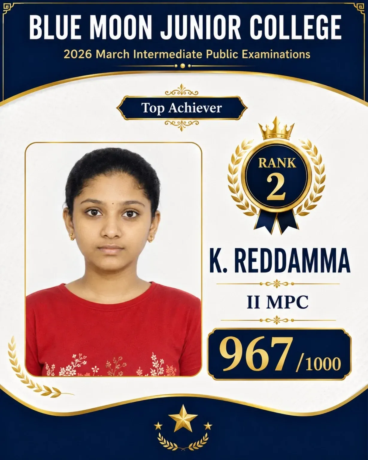 Blue Moon Junior College Rank 2 K Reddamma 967/1000