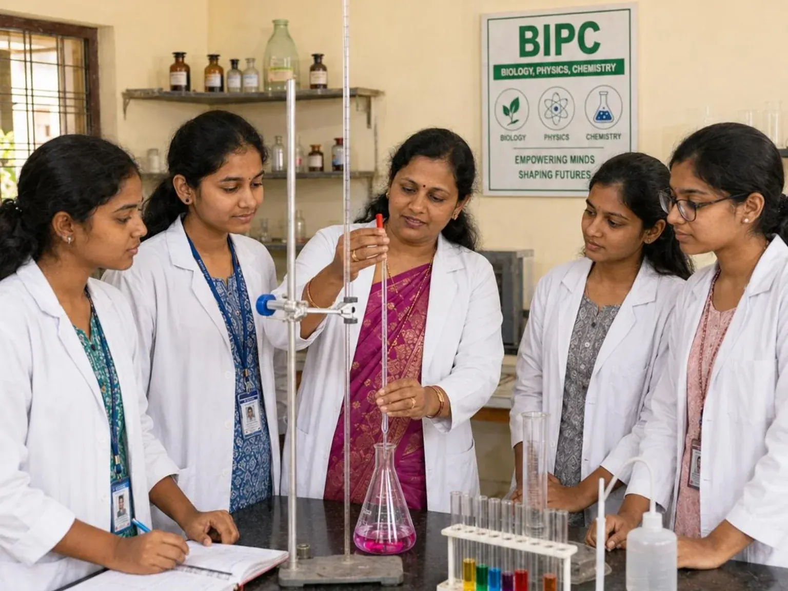 BiPC girls section chemistry lab practical session with female faculty at Blue Moon Junior College