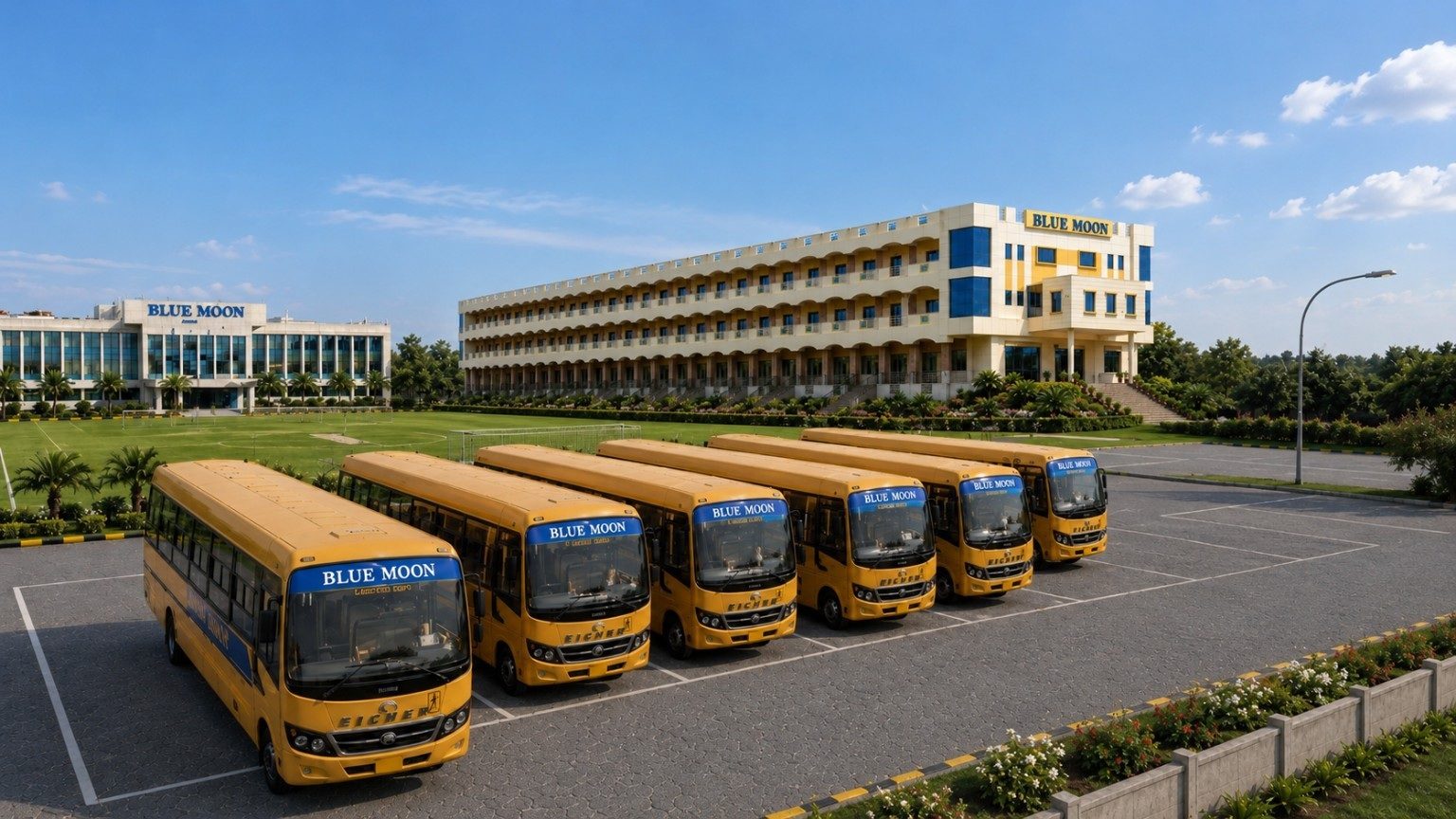 Blue Moon transport bus fleet for student pickup and drop support